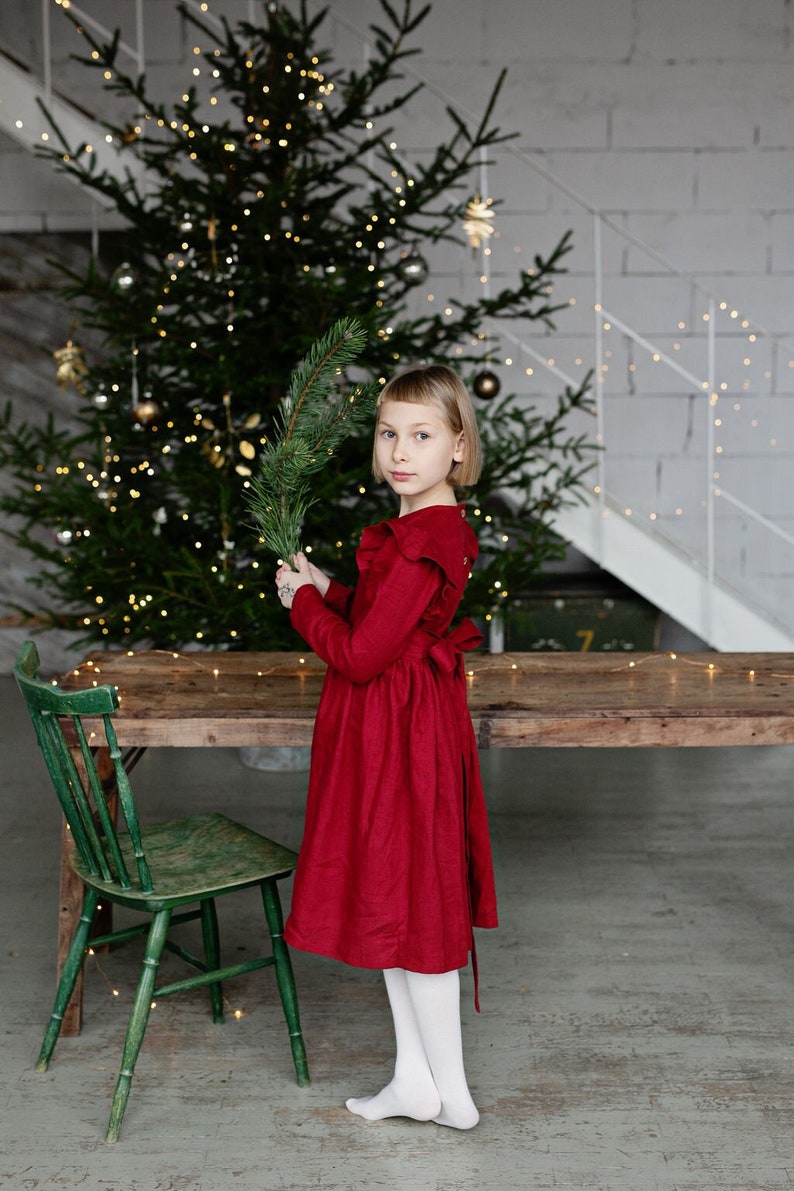 Girls Red Linen Christmas Dress With Buttons And Ribbon, Festive Linen Dress With Long Sleeves, Long Sleeve Linen Christmas Photoshoot Dress image 2