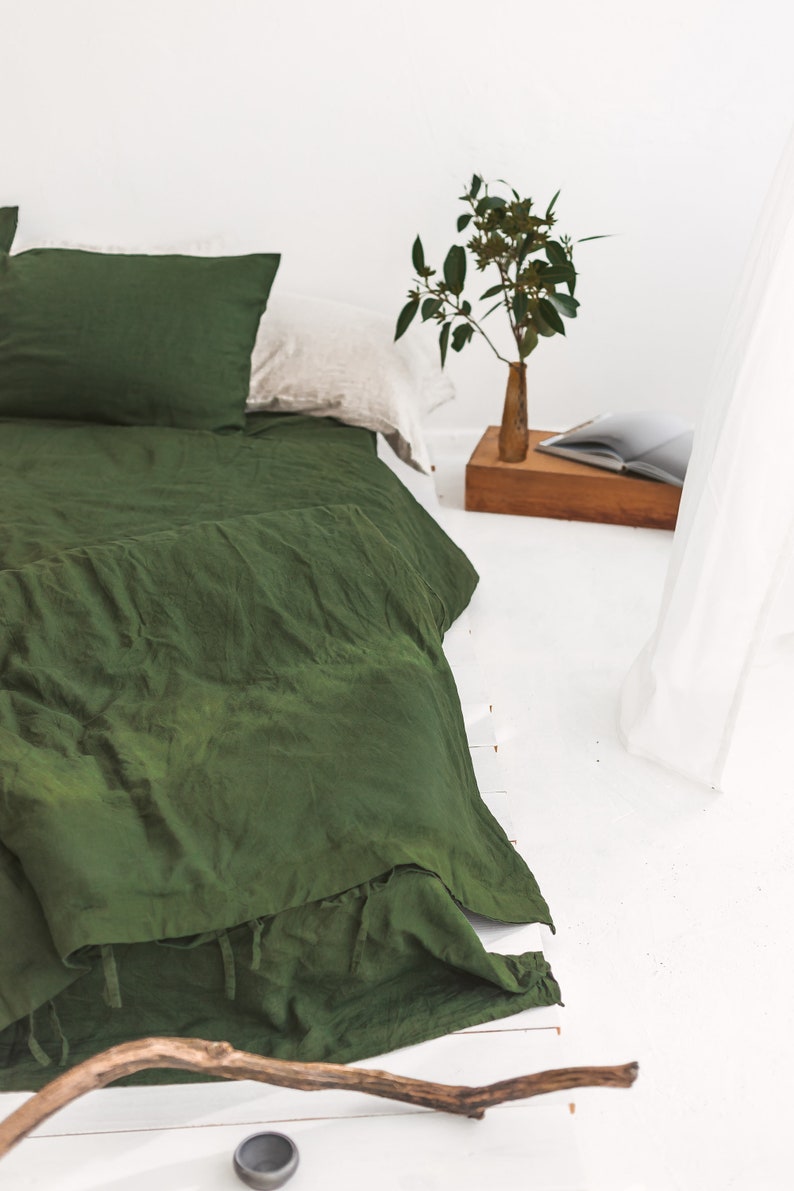 Green Linen Duvet Cover and Pillowcases Dark Green Linen Etsy