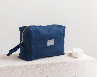 Blue Linen Pouch,Linen Makeup Bag, Double-Layered Linen Cosmetic Bag,Linen Makeup Pouch,Green Waterproof Travel Pouch With Zipper