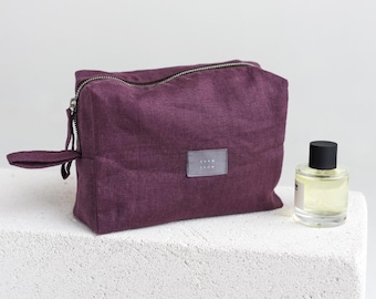 Plum Linen Pouch: Linen Makeup Bag and Waterproof Travel Pouch With Zipper
