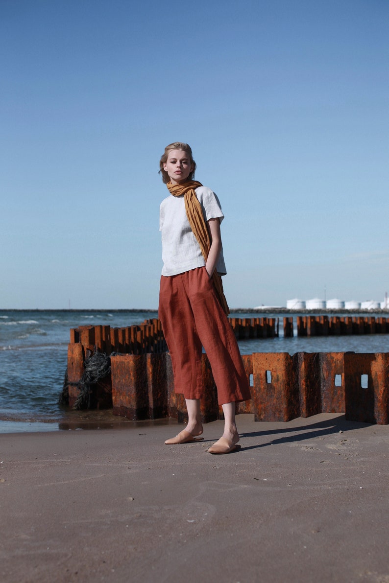 Linen Culottes With Elastic Waistband, Wide Linen Pants with Pockets, Wide Linen Trousers, Wide Leg Linen Trousers, High Waist Linen Pants image 4