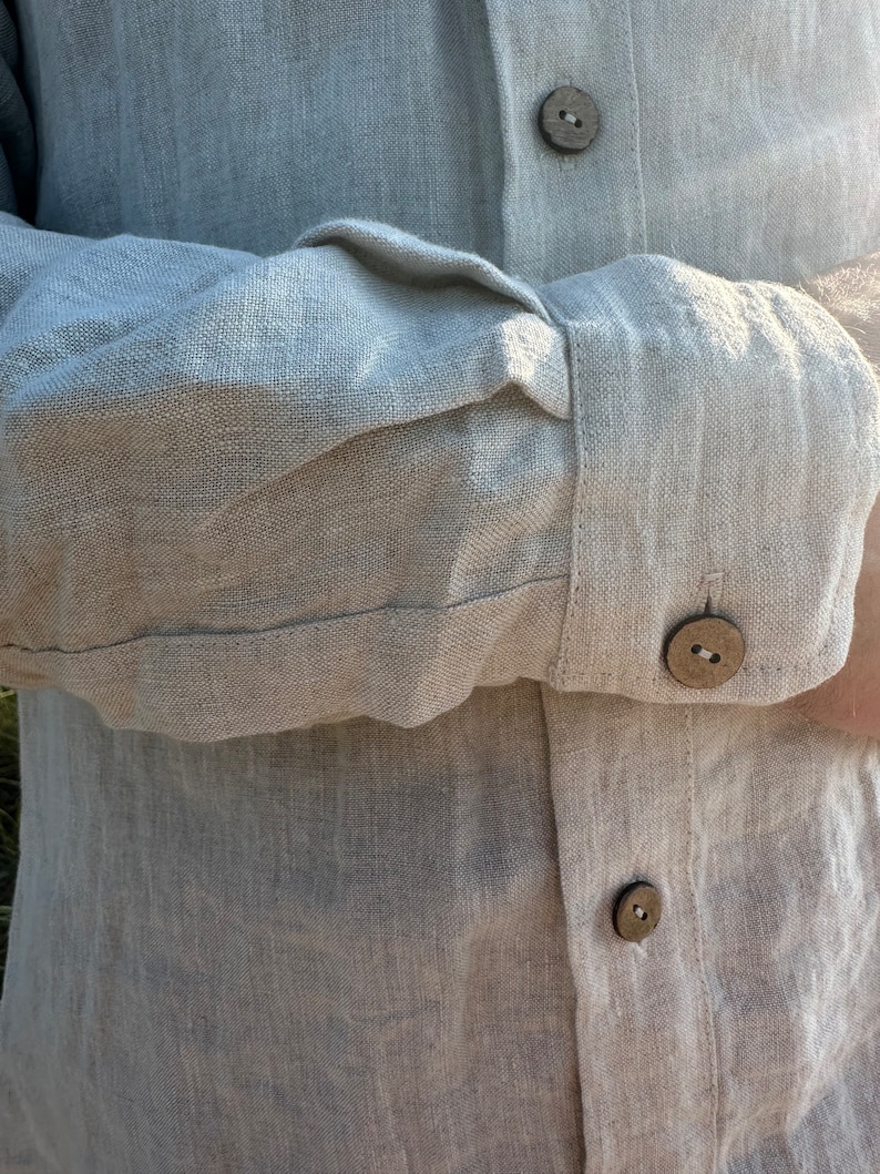 Linen Men's Collar Band Shirt, Natural Linen Summer Shirt For Men, Linen Shirt With Buttons, Classic Linen Shirt For Men With Long Sleeves zdjęcie 5