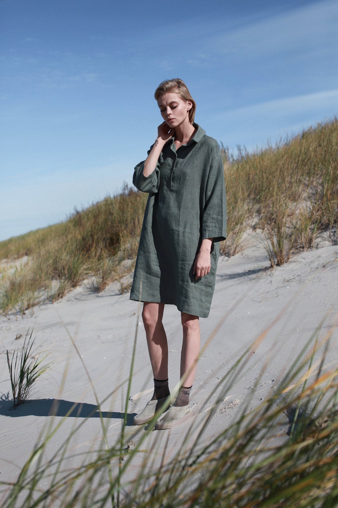 Deep Green All-Day Linen Shirt Dress For Women