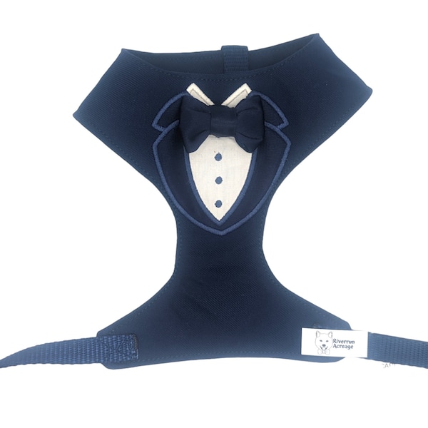 Navy Tuxedo with Navy Lapels and Navy Bow Tie Dog Harness