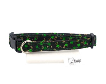 Green Shamrocks on Black Dog Collar,  Breakaway Cat Collar and/or Leash