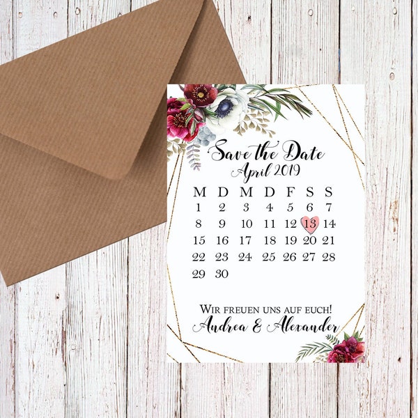 Save the date karte, Hochzeitseinladung, Kalenderkarte, Hochzeitskarte, Blumenkarte, Rustikalekarte, Karte mit Blätter, Rote Karte Hochzeit
