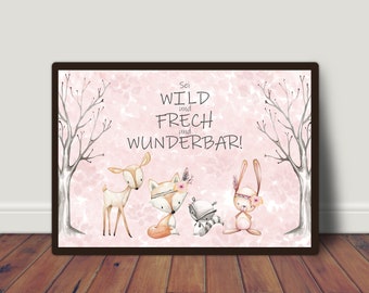 Sei wild und frech und wunderbar, Kinderzimmer Kunstdruck, Wildtier Bild, Wanddeko Mädchen, Babyzimmer Bild, Rosa Kinderbild, Pastellbild