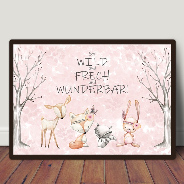 Sei wild und frech und wunderbar, Kinderzimmer Kunstdruck, Wildtier Bild, Wanddeko Mädchen, Babyzimmer Bild, Rosa Kinderbild, Pastellbild