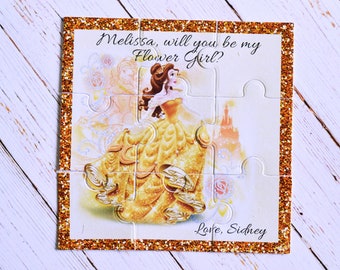 Belle disney princess puzzle, Belle puzzle card, Personalized puzzle, Princess invitation card, Flower girl puzzle, Will You Be my