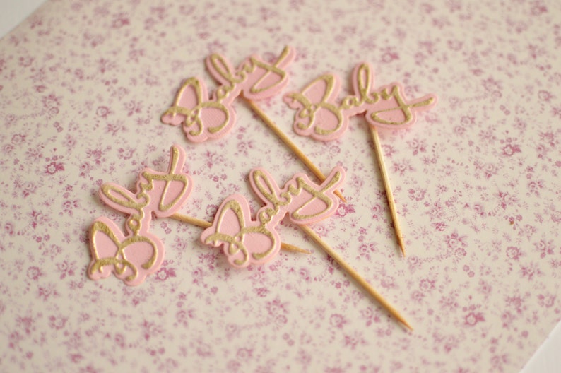 New baby cupcake toppers Baby shower party decoration It/'s a girl First birthday party Baby sign Pink gold cupcake topper Baby shower