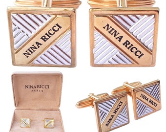 Nina Ricci Cufflinks Gold Plated/Silver Vintage 80s Jewelry + Box. cuff links For Men. Gift For Him. Men's Suit Accessory