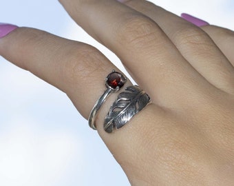 925 Sterling Silver Adjustable Red Garnet Ring Cabochon Feather with gemstone, Dainty Ring, Gift For Women,Handmade jewelry, Birthstone Ring