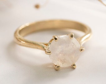 Moonstone Solitaire Gold Ring • 14K Gold Plated Promise Ring • White Stone Gemstone Ring • June Birthstone Ring