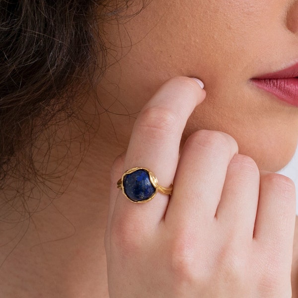 Lapis Adjustable Gold Open Ring • 14K Gold Plated Gemstone Ring • Blue Stone Proposal Ring • September Birthstone Statement Ring