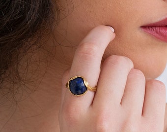 Lapis Adjustable Gold Open Ring • 14K Gold Plated Gemstone Ring • Blue Stone Proposal Ring • September Birthstone Statement Ring