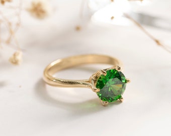 Green Stone Solitaire Gold Ring • 14K Gold Plated Promise Ring • Round Shaped Stone Ring • Dainty Fashion Ring