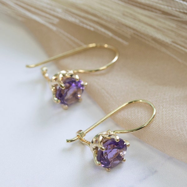 Amethyst Drop Earrings In 14K Yellow Gold Plating • Round Cut 7Mm Natural Purple Stone Earrings • Gold Plated Classic Dangle Earrings