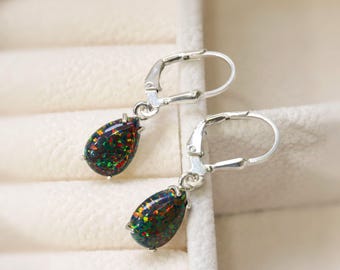 Boucles d&#39;oreilles leviers en opale noire, Argent sterling 925, Pendants d&#39;oreilles, Pierre de naissance d&#39;octobre, Bijoux en opale noire, Bijoux tendance