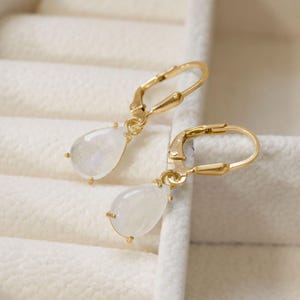 14K Gold Plated Moonstone Leverback Earrings, Elegant Drop Earrings, Minimalist Dangle Earrings, Unique Gemstone Earrings, Gift for Her