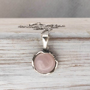 Rose Quartz Necklace, 925 Sterling Silver, 12mm Round Pendant, Light Pink Gemstone, Vintage Style, Rose Quartz Jewelry, Fashion Jewelry image 1