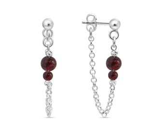 Garnet Chain Stud Earrings In Sterling Silver • Dangling Silver Chain Studs • Chain Dangle Pearl Earrings • January Birthstone