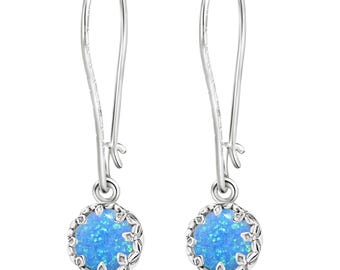 Blue Opal Dangle Earrings, Sterling Silver, October Birthstone