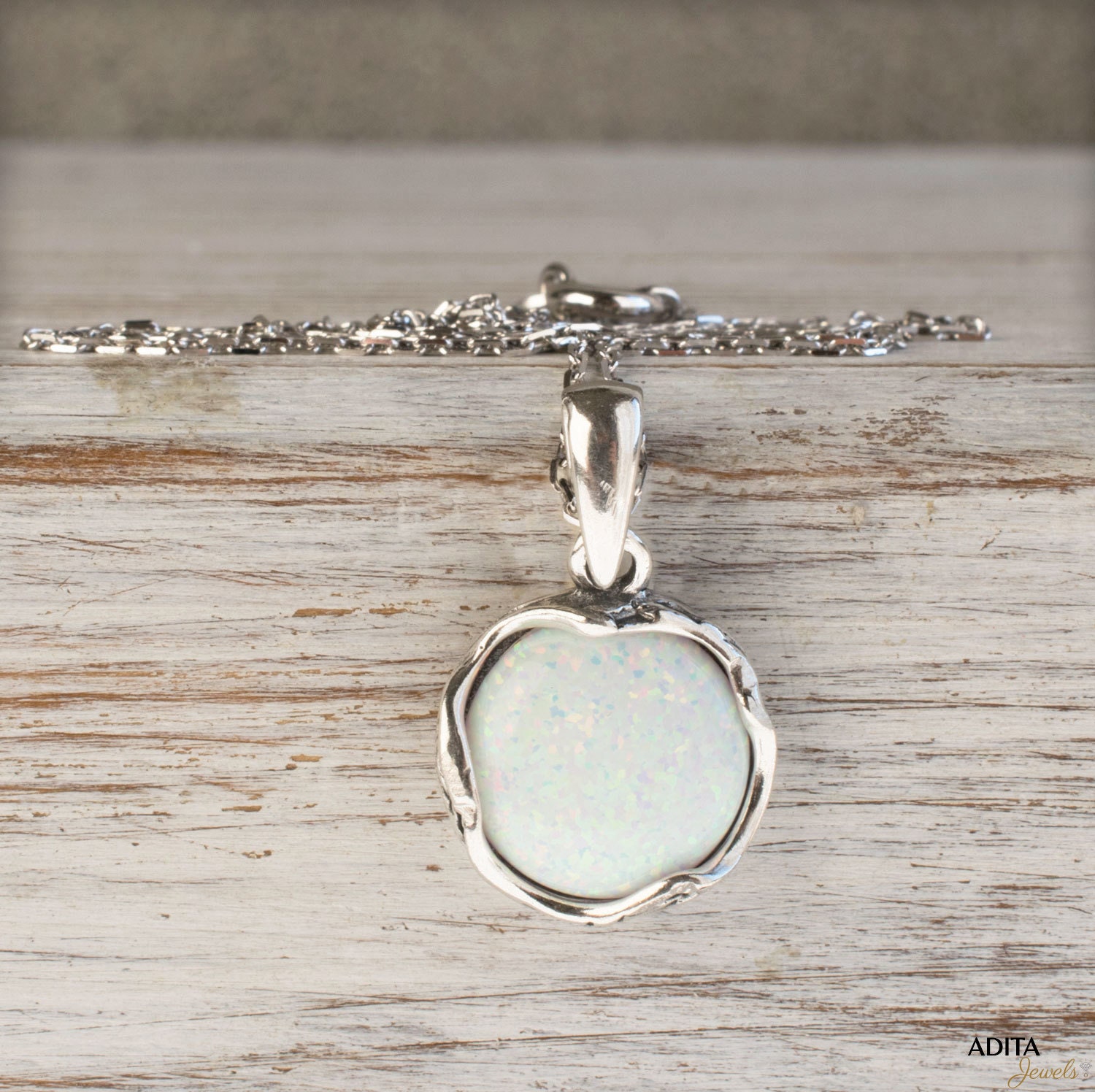 White Opal Necklace, 925 Sterling Silver, 12mm Round Pendant, October Birthstone, Bridal Jewelry, Gift for Women