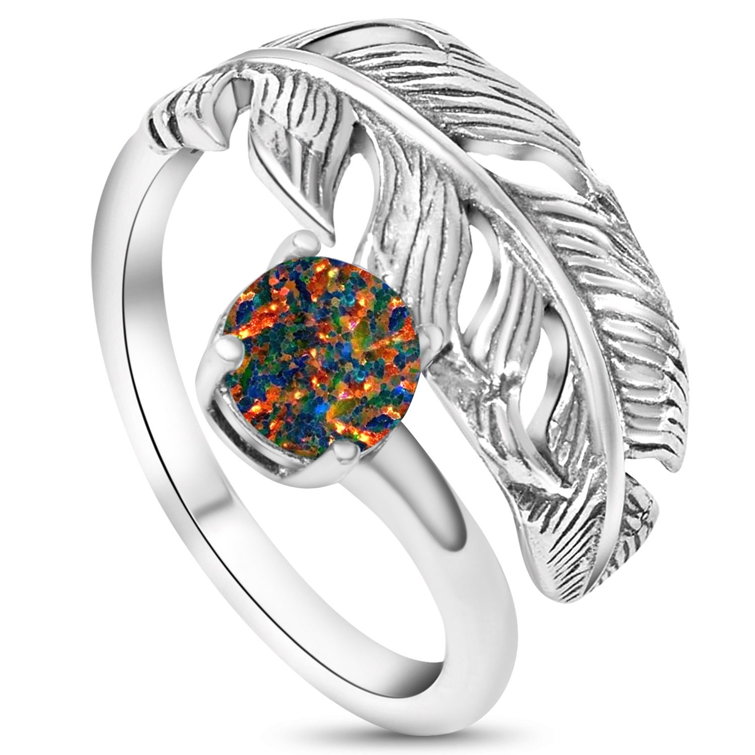 Adjustable Feather Ring With Black Opal, 925 Sterling Silver, Open Ended Spiral, Black Opal Jewelry, Fashion Jewelry