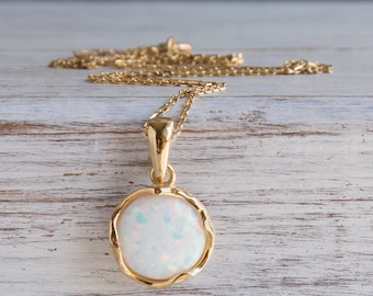 Handmade 14K Gold Plated Sterling Silver White Opal Pendant Necklace