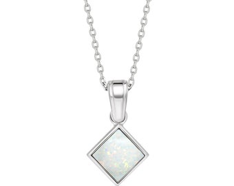 White Opal Necklace, 925 Sterling Silver, Dainty Square Pendant, October Birthstone, White Opal Jewelry, Gemstone Necklace, Fashion Jewelry