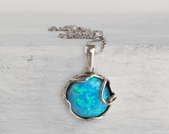 Round Blue Opal Pendant Necklace, Sterling Silver, Vintage Style, October Birthstone