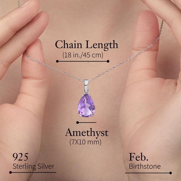 Collar de lágrima de amatista, plata de ley 925, colgante de piedras preciosas para mujer, forma de pera de 7X10 mm, piedra púrpura, collar de piedra de nacimiento de febrero