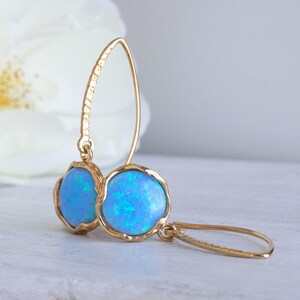 Handmade 14K Gold Plated Blue Opal Dangle Earrings, October Birthstone