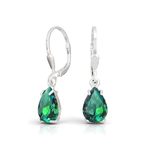 Sterling Silver Emerald Leverback Earrings, Handmade Birthstone Jewelry, Elegant Drop Earrings, Minimalist Gemstone Earrings, Gift for Her