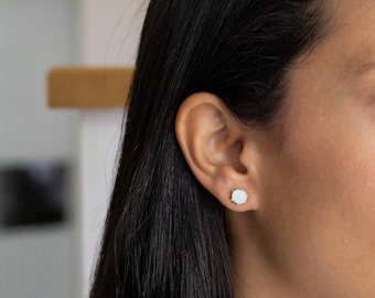 Handmade White Opal Sterling Silver Stud Earrings, October Birthstone