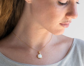 14K Gold Plated Opal Necklace, 925 Sterling Silver White Opal Pendant, October Birthstone Necklace, Bridal Jewelry, Delicate Necklace