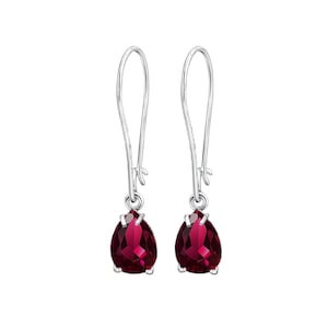 Luxury ruby earrings in sterling silver, deep red teardrop earrings, classic gemstone earrings, elegant anniversary gift