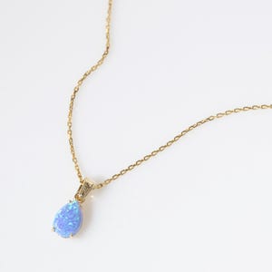Gold Plated Blue Opal Teardrop Pendant – October Birthstone Jewelry, Dainty Iridescent Necklace, Handmade Elegant Jewelry