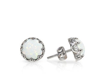 Handmade Sterling Silver White Opal Stud Earrings, October Birthstone