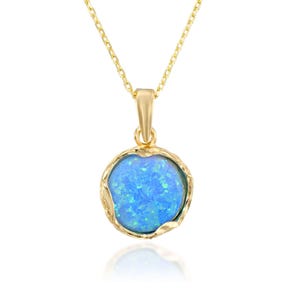 Blue Opal Necklace, 14K Gold Plated Silver Pendant & Necklace, 12 Mm Gemstone, Vintage Jewelry Gift For Women, Statement Jewelry, Handmade