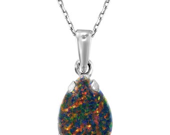 Black Opal Necklace, 925 Sterling Silver, Dainty Teardrop Pendant, 7x10mm October Birthstone, Black Opal Jewelry, Fashion Jewelry