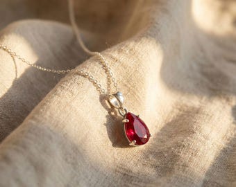 Sterling Silver Ruby Pendant – Red Teardrop Necklace, July Birthstone Jewelry