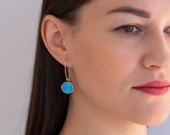 Handmade Blue Opal Sterling Silver Drop Earrings, October Birthstone