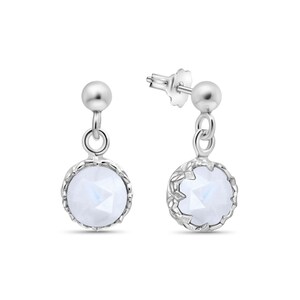 Dangling Drop Earrings With Moonstone In 925 Sterling Silver • 8Mm Round Cut Moonstone Gemstone Earrings • Dainty Silver Dangle Earrings