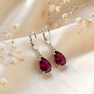 Sterling Silver Ruby Leverback Earrings, Handmade Gemstone Earrings, Dainty Drop Earrings, Minimalist Crystal Earrings, scorpio gift