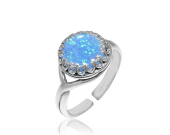 Blue Opal Ring, 925 Sterling Silver, Vintage Style, October Birthstone, Iridescent Blue Gemstone, Adjustable Boho, Blue Opal Jewelry