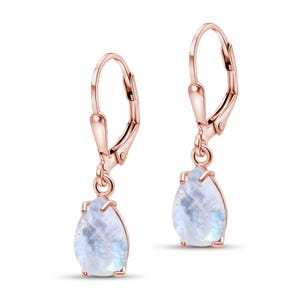 Moonstone Teardrop Earrings, Rose Gold Plated Leverback Earrings, Dangle Gemstone Jewelry, Handmade Gift, Birthstone Jewelry, Gift for Her