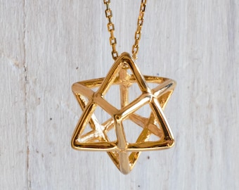 14K Gold Plated Merkaba Pendant, Sterling Silver Star of David Necklace