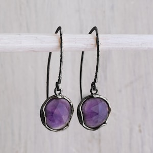 Amethyst Black Rhodium Plated Drop Earrings • Sterling Silver Dangle Earrings • Purple Stone Vintage Style Earrings • February Birthstone