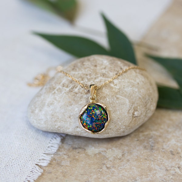 Black Opal Necklace, Gold Plated Pendant, Silver Opal Pendant, Opal Jewelry, Vintage Style Pendant, 925 Silver Necklace, Fashion Jewelry